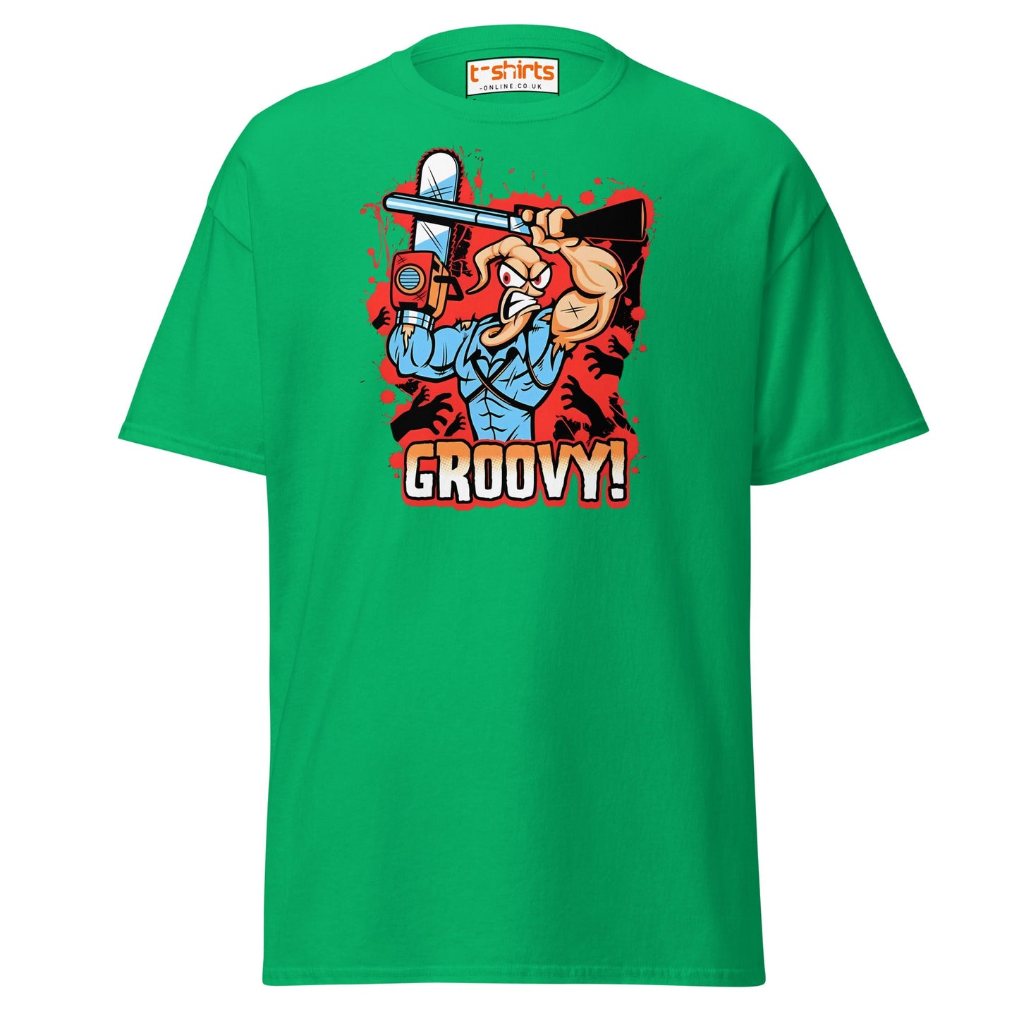 Groovy Chainsaw Hero T-Shirt | Retro Gaming Tee - Irish Green - T-Shirts Online