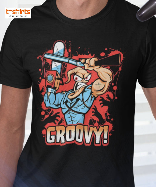Groovy Chainsaw Hero T-Shirt | Retro Gaming Tee - Maroon - T-Shirts Online