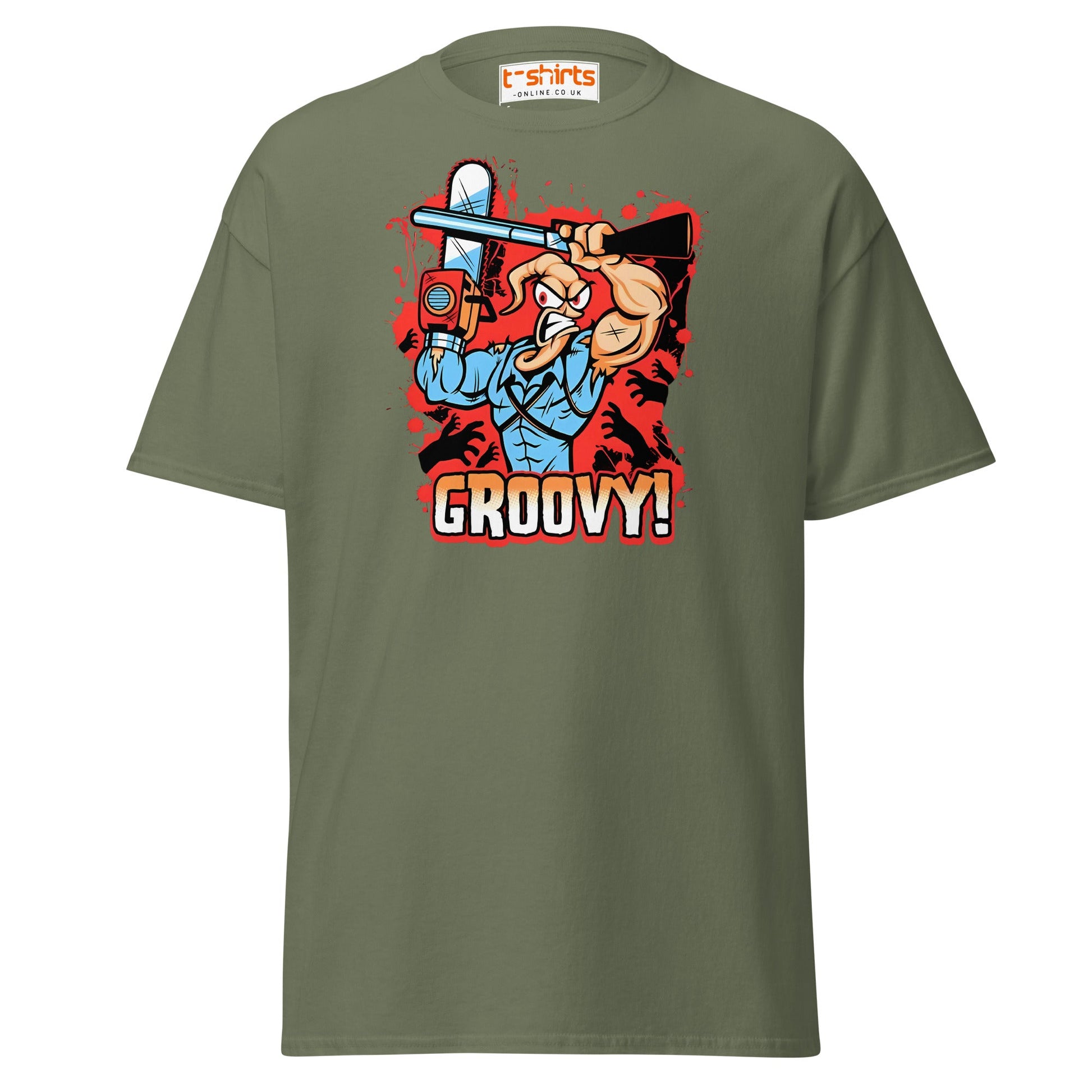 Groovy Chainsaw Hero T-Shirt | Retro Gaming Tee - Military Green - T-Shirts Online