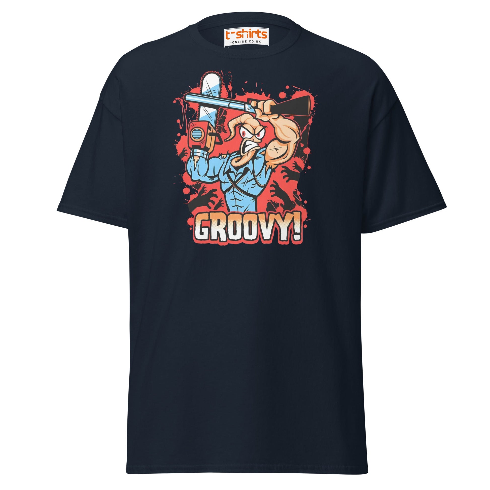 Groovy Chainsaw Hero T-Shirt | Retro Gaming Tee - Navy - T-Shirts Online