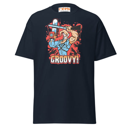 Groovy Chainsaw Hero T-Shirt | Retro Gaming Tee - Navy - T-Shirts Online