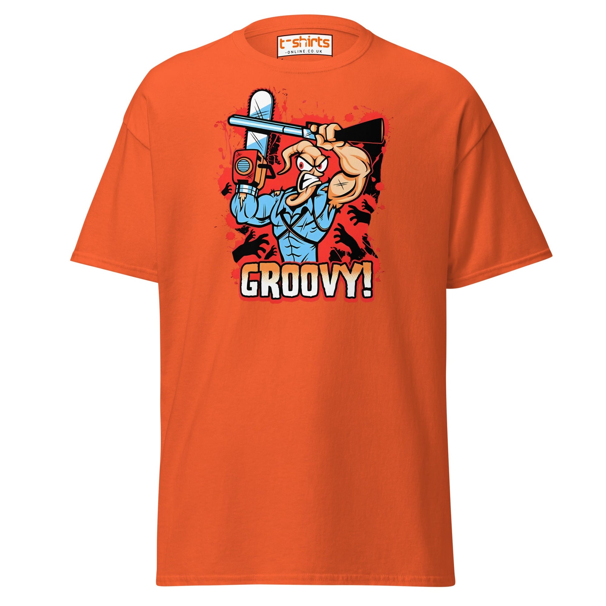 Groovy Chainsaw Hero T-Shirt | Retro Gaming Tee - Orange - T-Shirts Online