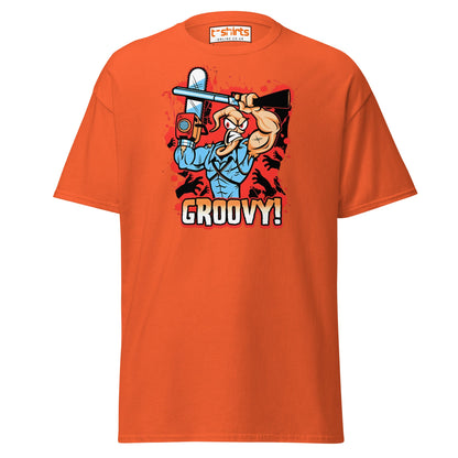 Groovy Chainsaw Hero T-Shirt | Retro Gaming Tee - Orange - T-Shirts Online