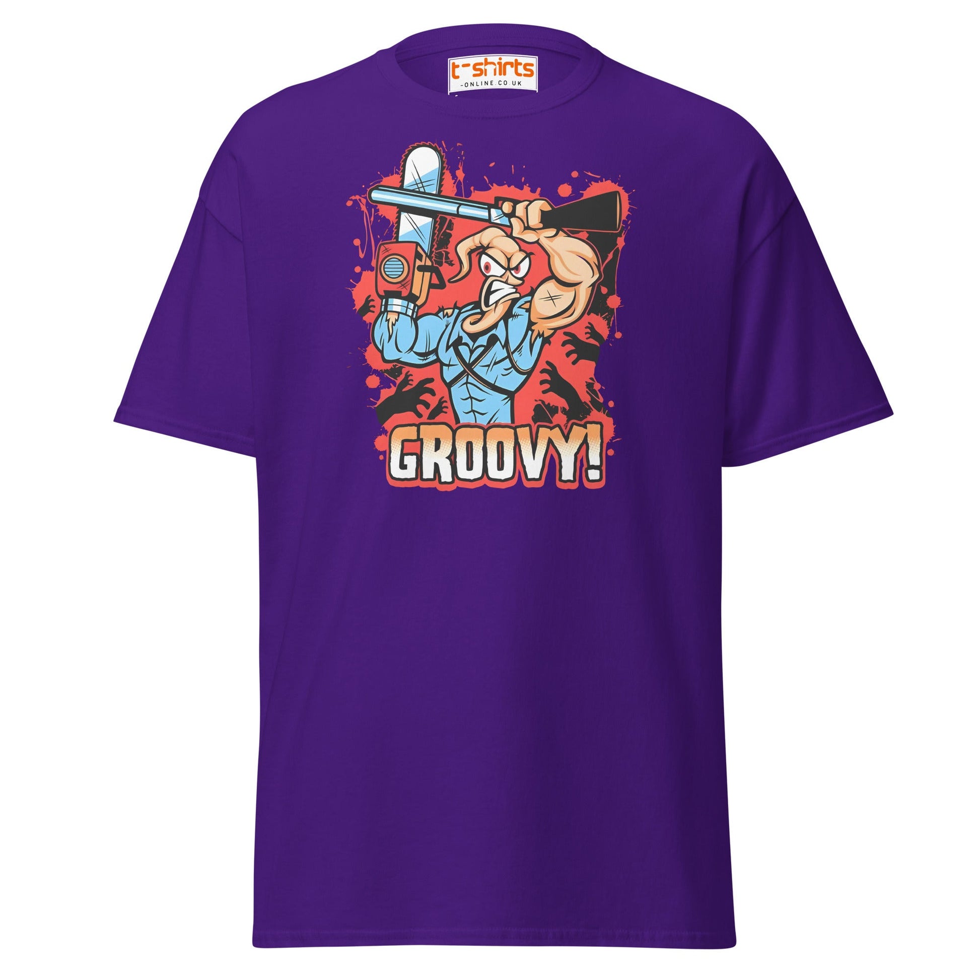 Groovy Chainsaw Hero T-Shirt | Retro Gaming Tee - Purple - T-Shirts Online