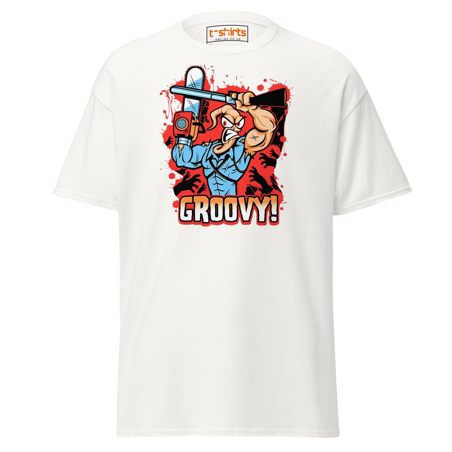 Groovy Chainsaw Hero T-Shirt | Retro Gaming Tee - White - T-Shirts Online