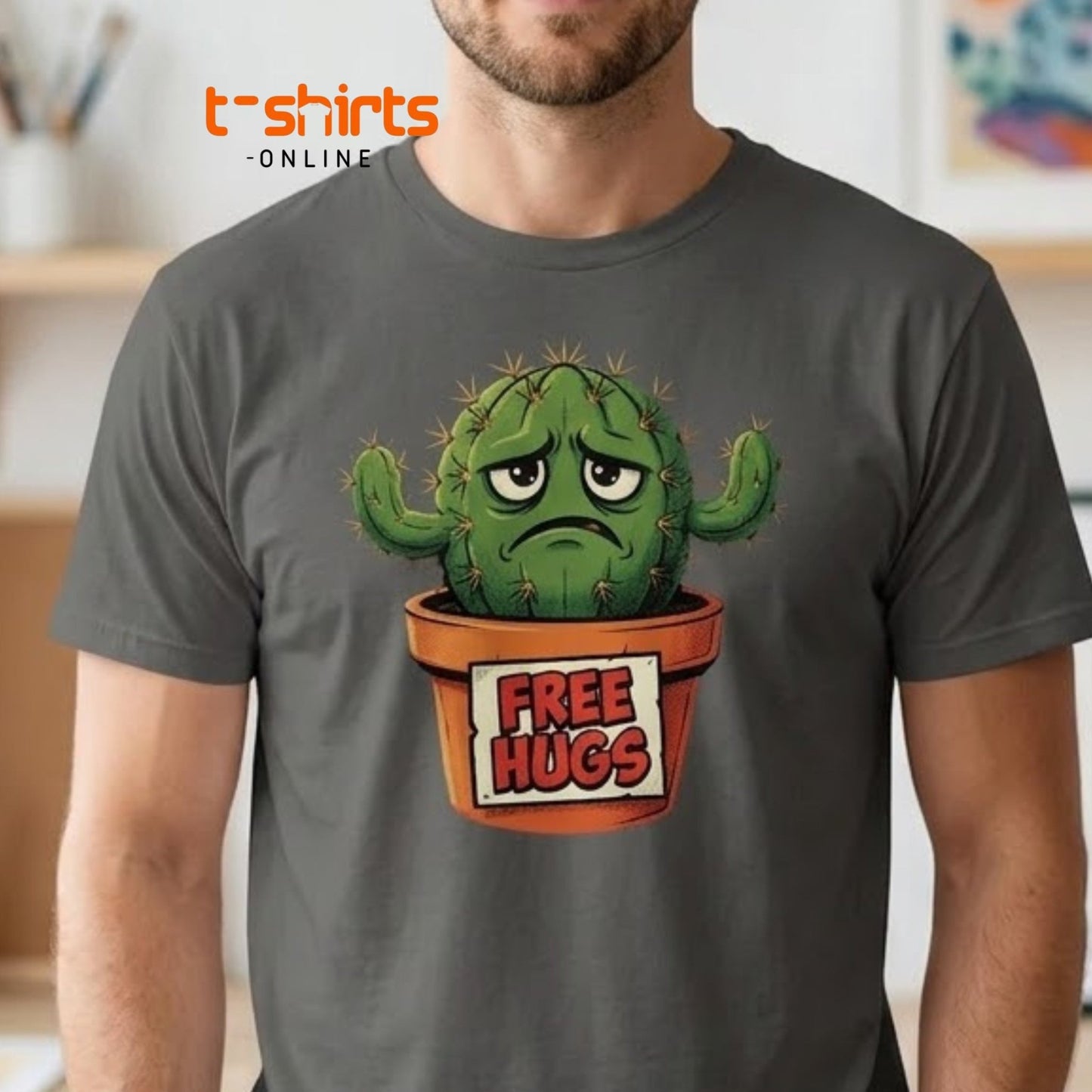 Grumpy Cactus Free Hugs T-Shirt - Funny Sarcastic Tee - Maroon - T-Shirts Online