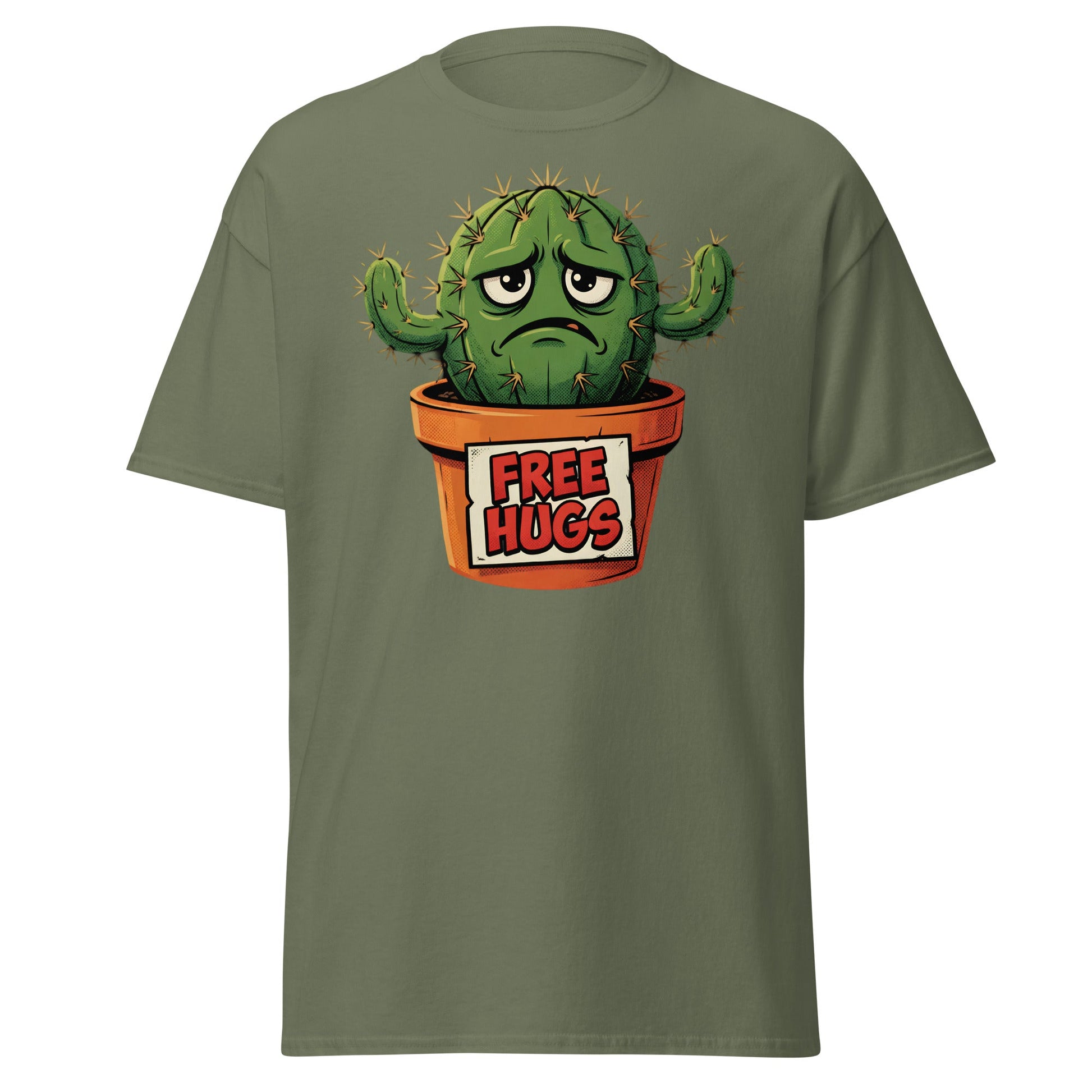 Grumpy Cactus Free Hugs T-Shirt - Funny Sarcastic Tee - Military Green - T-Shirts Online