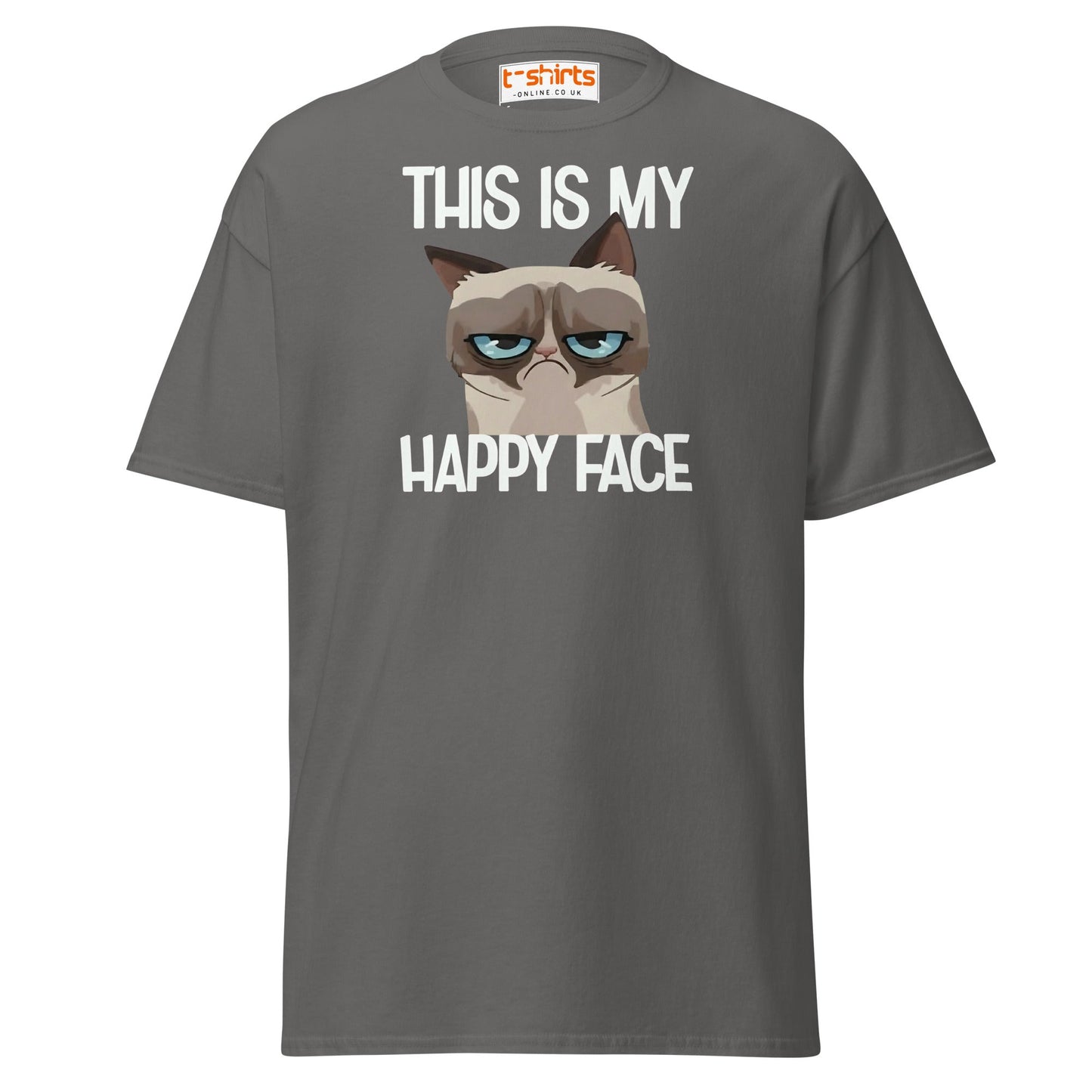 Grumpy Cat Happy Face T-Shirt – Funny Meme Tee - Charcoal - T-Shirts Online