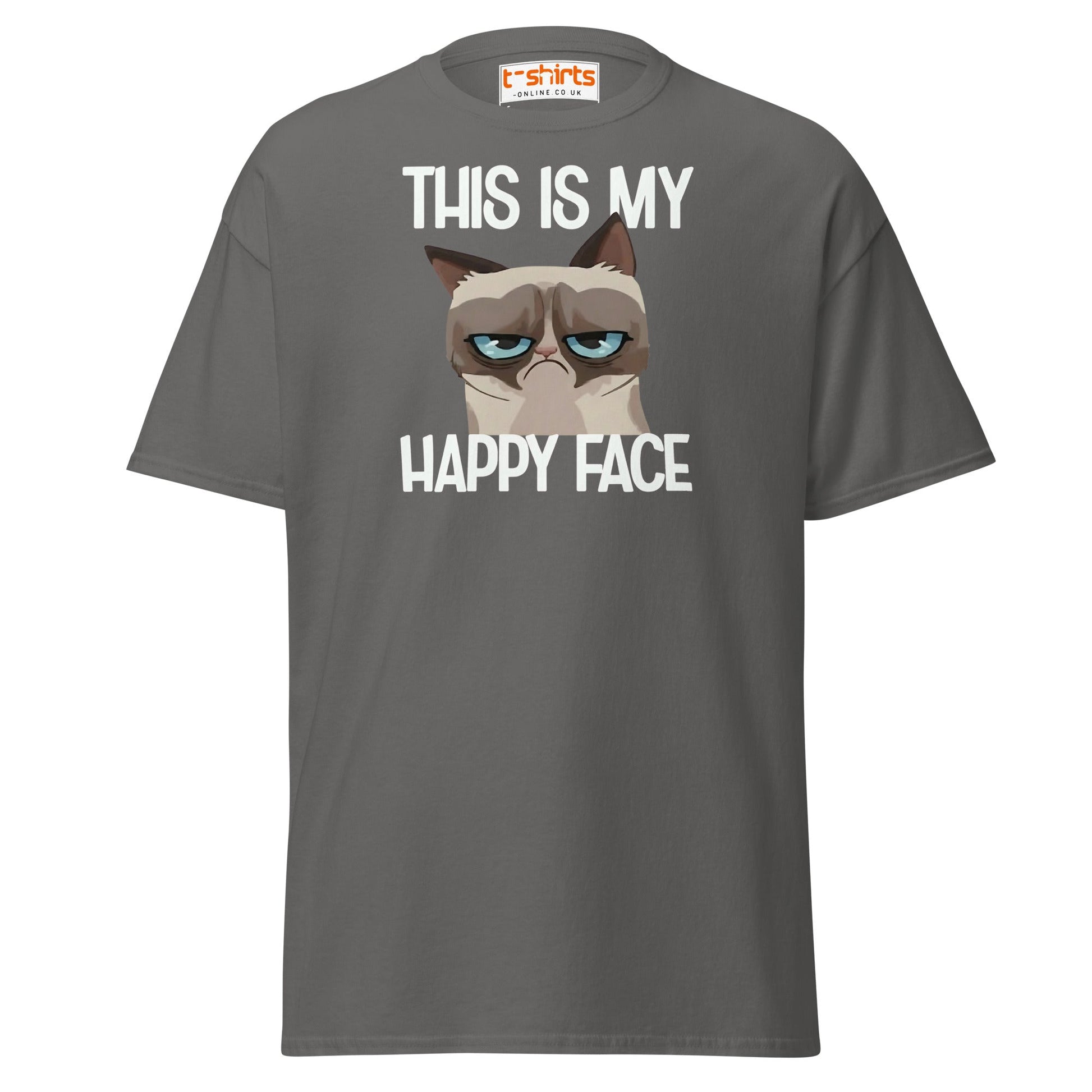 Grumpy Cat Happy Face T-Shirt – Funny Meme Tee - Charcoal - T-Shirts Online