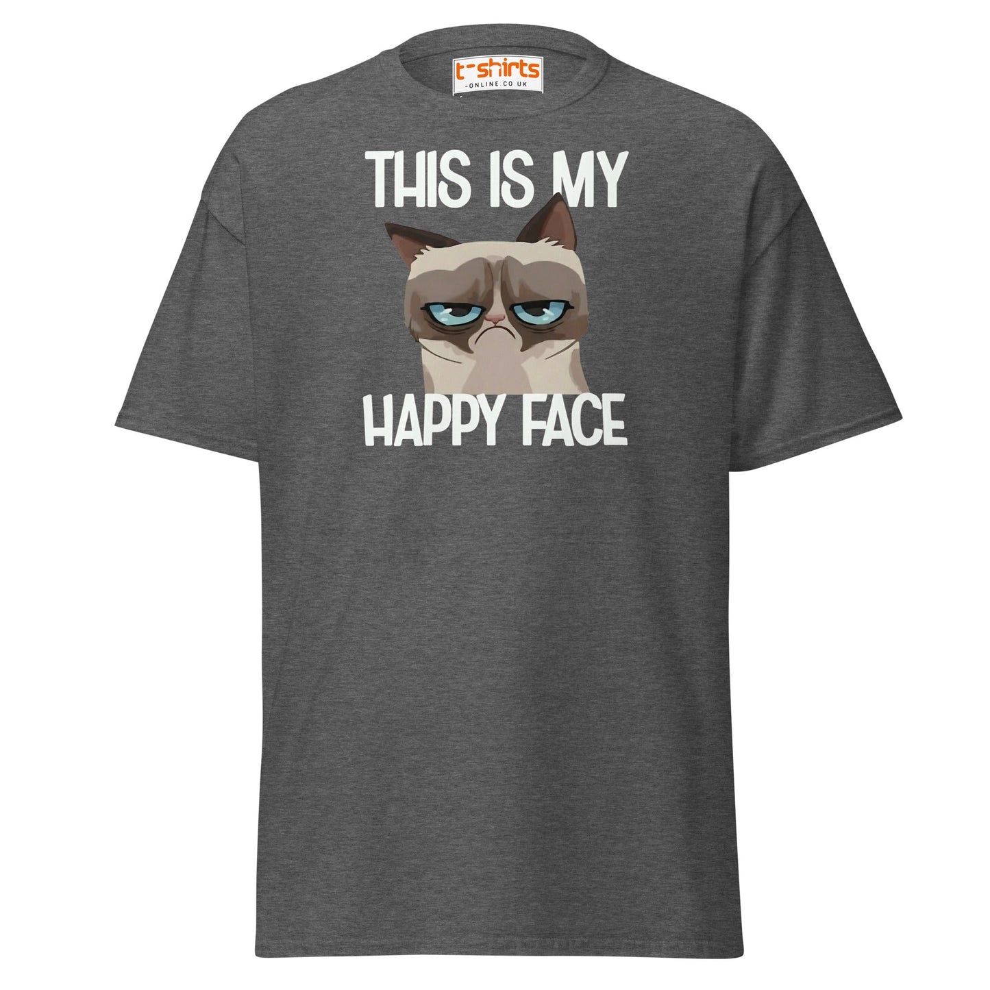 Grumpy Cat Happy Face T-Shirt – Funny Meme Tee - Dark Heather - T-Shirts Online