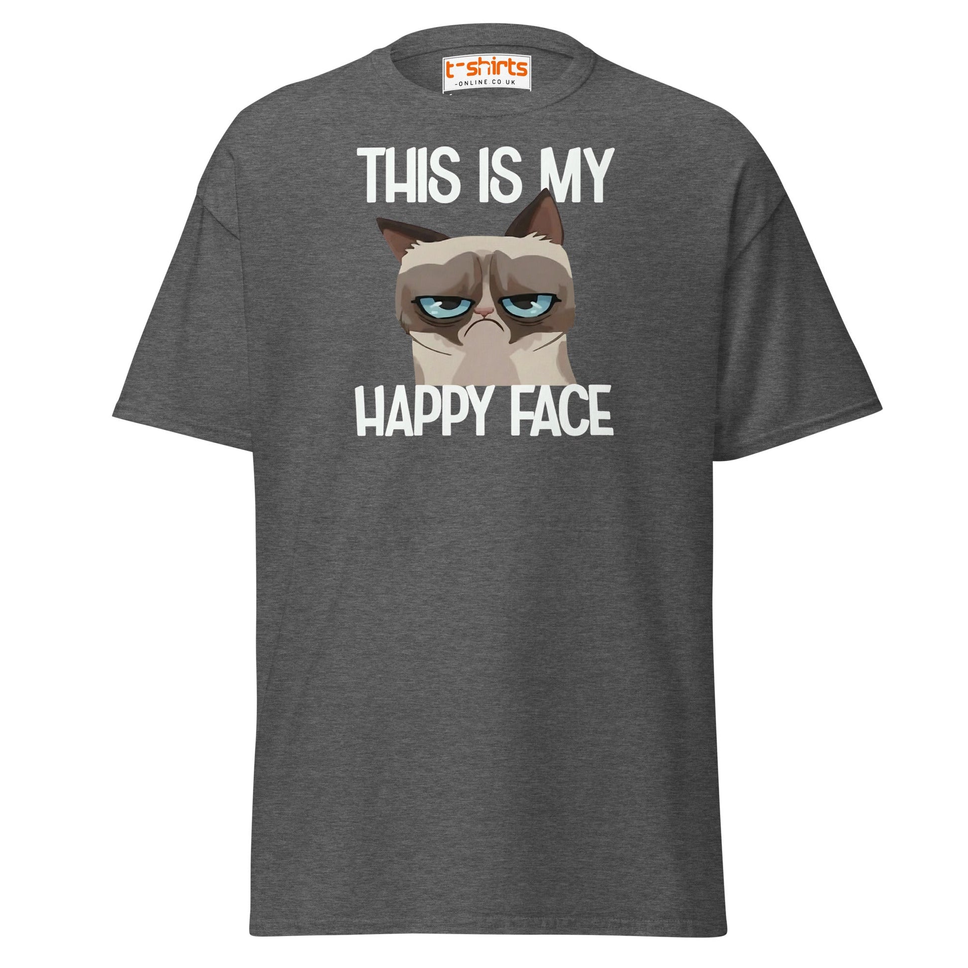 Grumpy Cat Happy Face T-Shirt – Funny Meme Tee - Dark Heather - T-Shirts Online