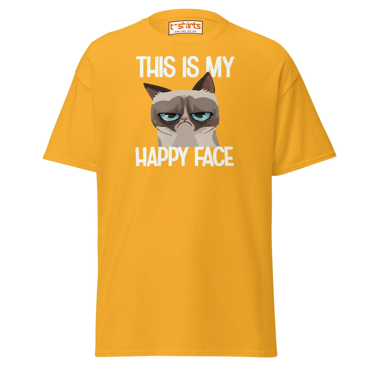 Grumpy Cat Happy Face T-Shirt – Funny Meme Tee - Gold - T-Shirts Online