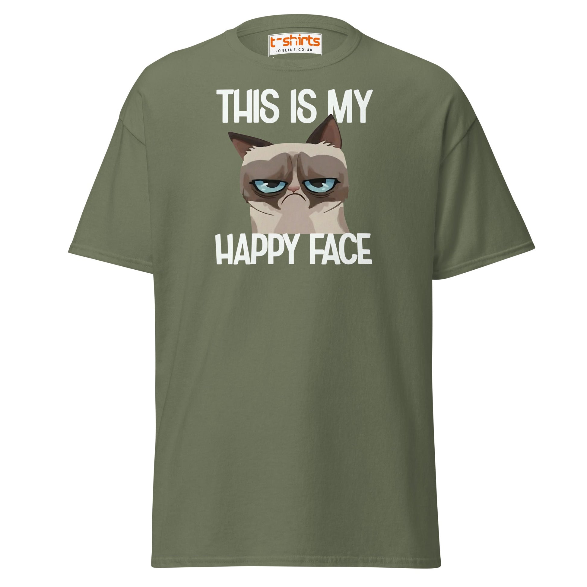 Grumpy Cat Happy Face T-Shirt – Funny Meme Tee - Military Green - T-Shirts Online