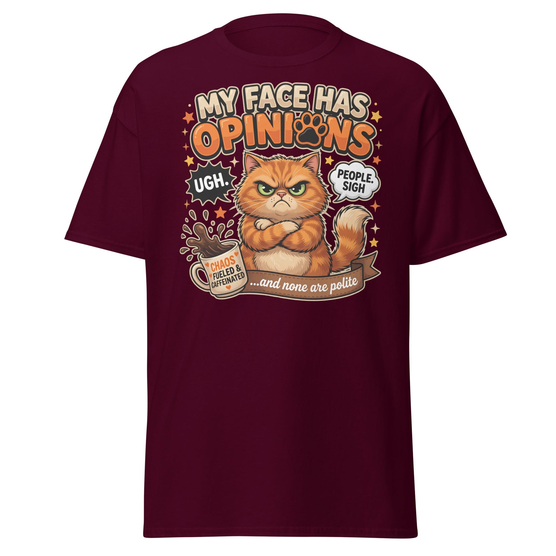 Grumpy Cat Opinions T-Shirt – Sarcastic Funny Coffee Tee - Maroon - T-Shirts Online