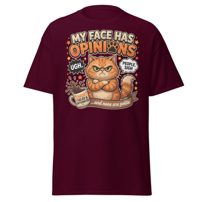Grumpy Cat Opinions T-Shirt – Sarcastic Funny Coffee Tee - Maroon - T-Shirts Online