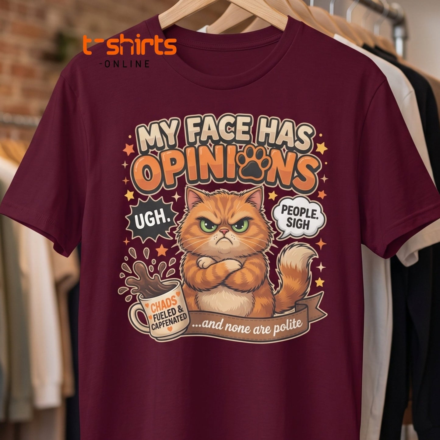 Grumpy Cat Opinions T-Shirt – Sarcastic Funny Coffee Tee - Maroon - T-Shirts Online