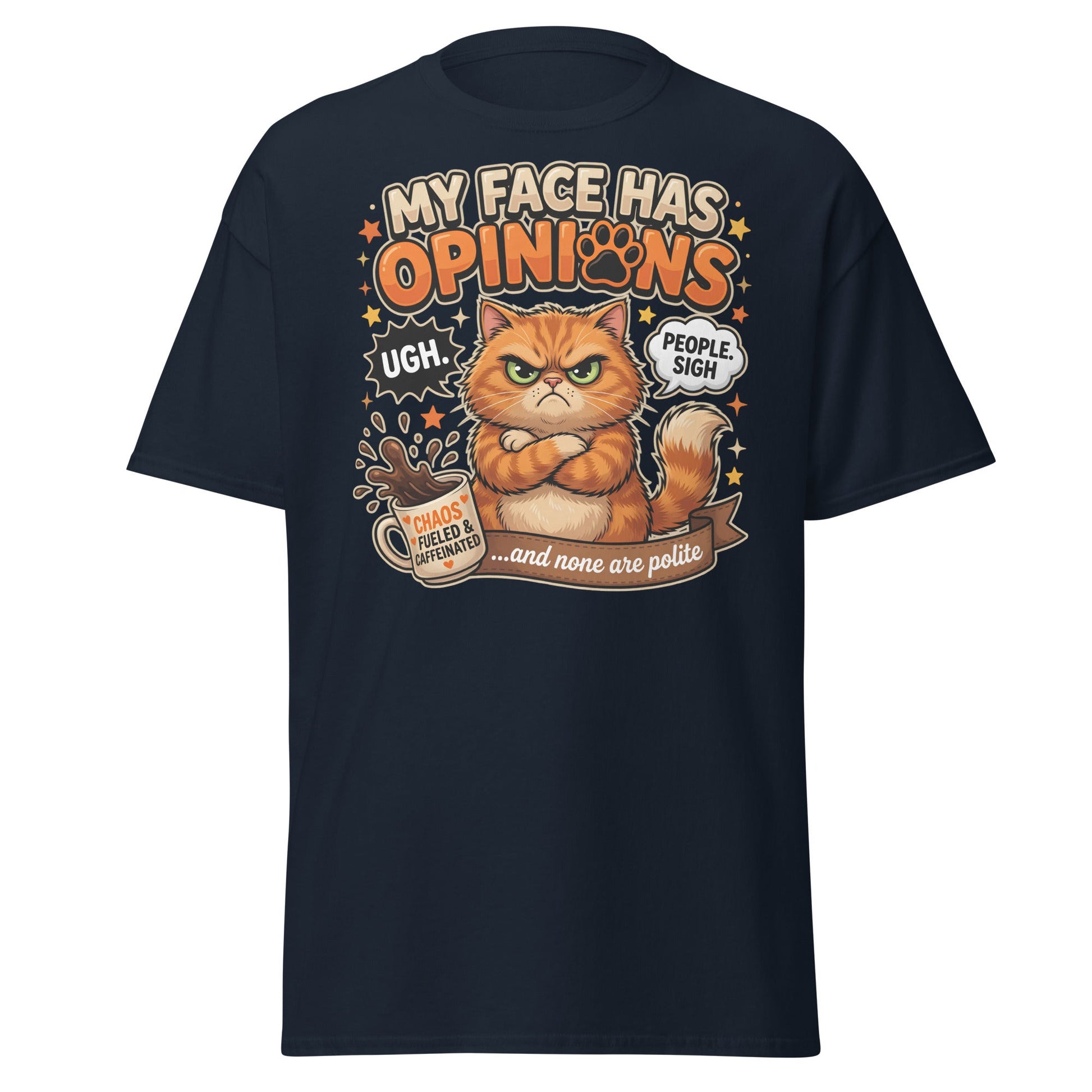 Grumpy Cat Opinions T-Shirt – Sarcastic Funny Coffee Tee - Navy - T-Shirts Online