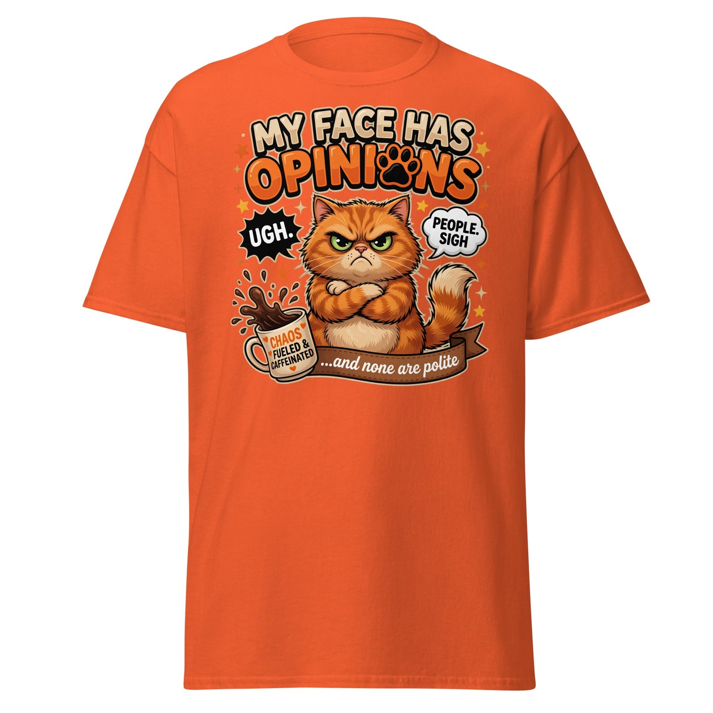 Grumpy Cat Opinions T-Shirt – Sarcastic Funny Coffee Tee - Orange - T-Shirts Online