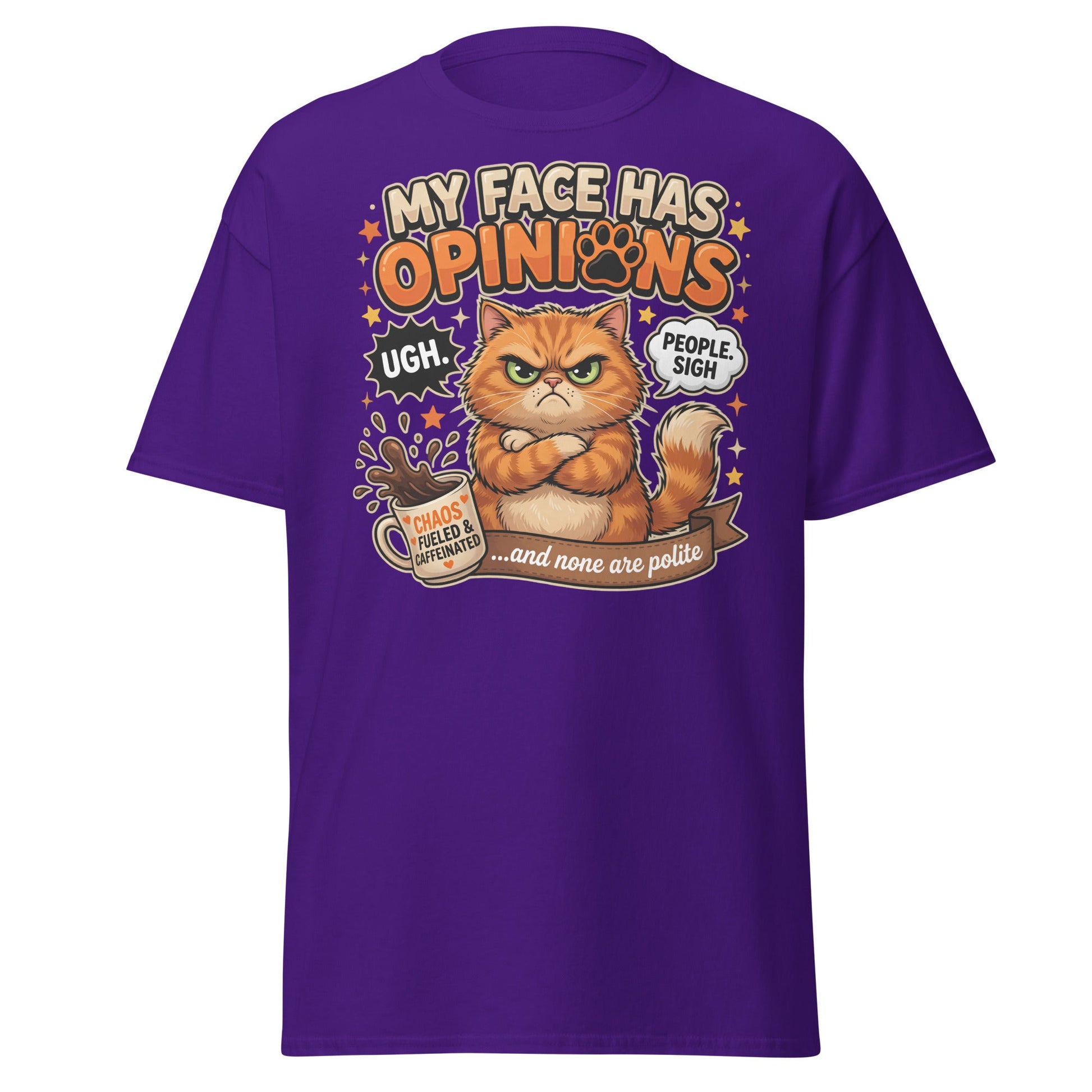 Grumpy Cat Opinions T-Shirt – Sarcastic Funny Coffee Tee - Purple - T-Shirts Online