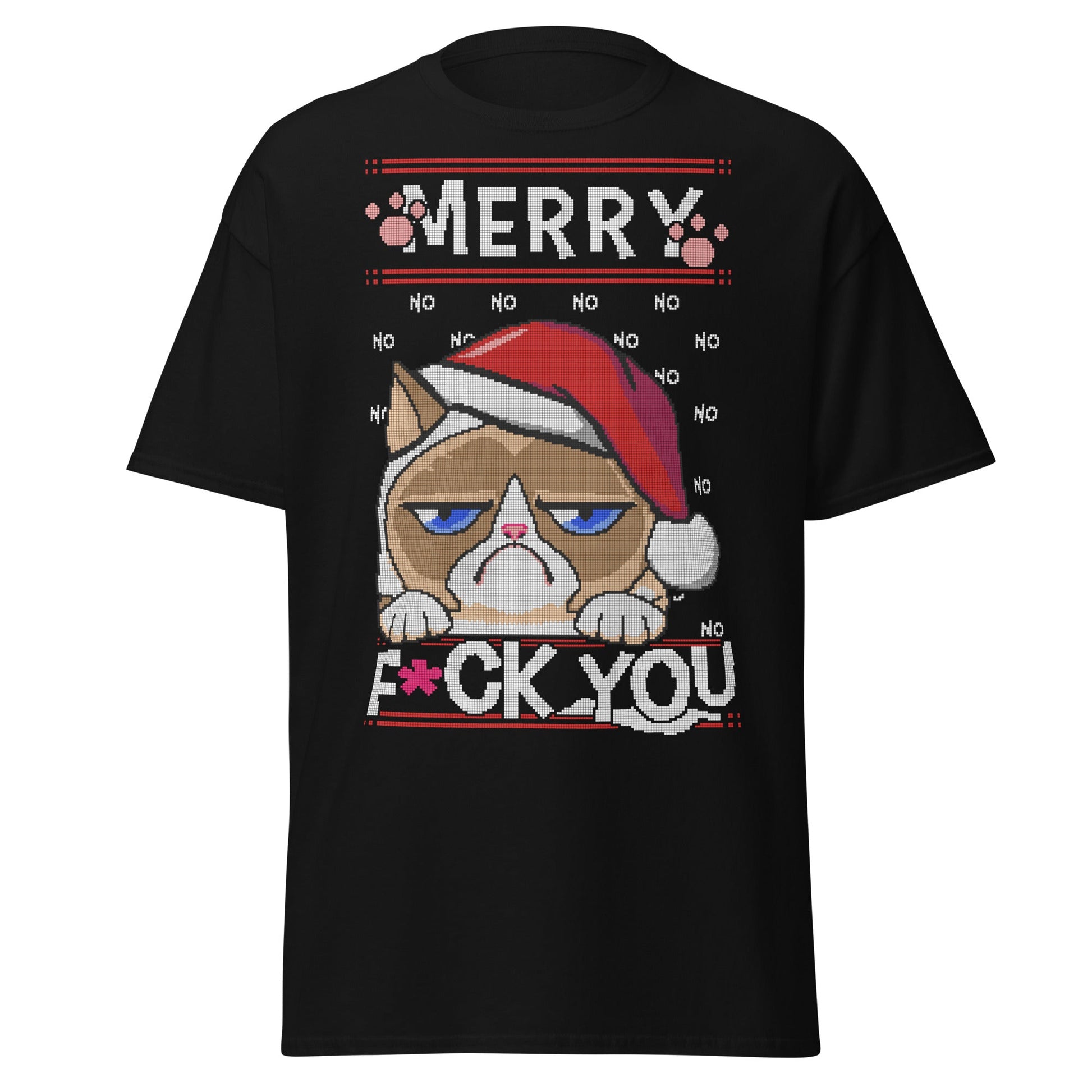 Grumpy Cat Ugly Christmas T-Shirt - Pixel Art Holiday - Black - T-Shirts Online
