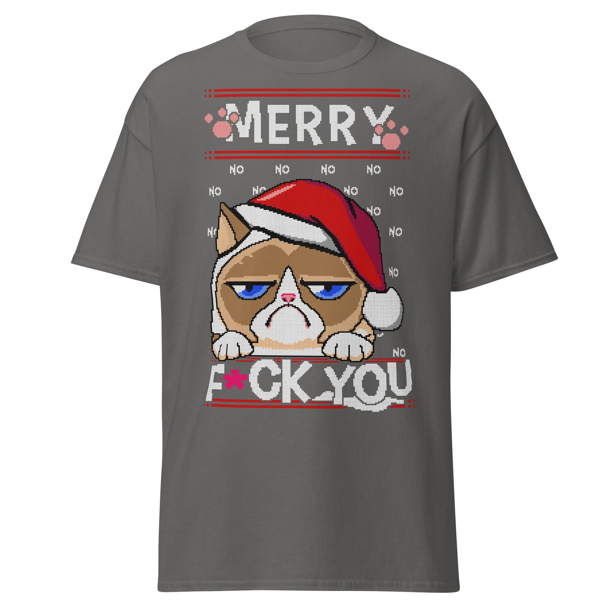 Grumpy Cat Ugly Christmas T-Shirt - Pixel Art Holiday - Charcoal - T-Shirts Online