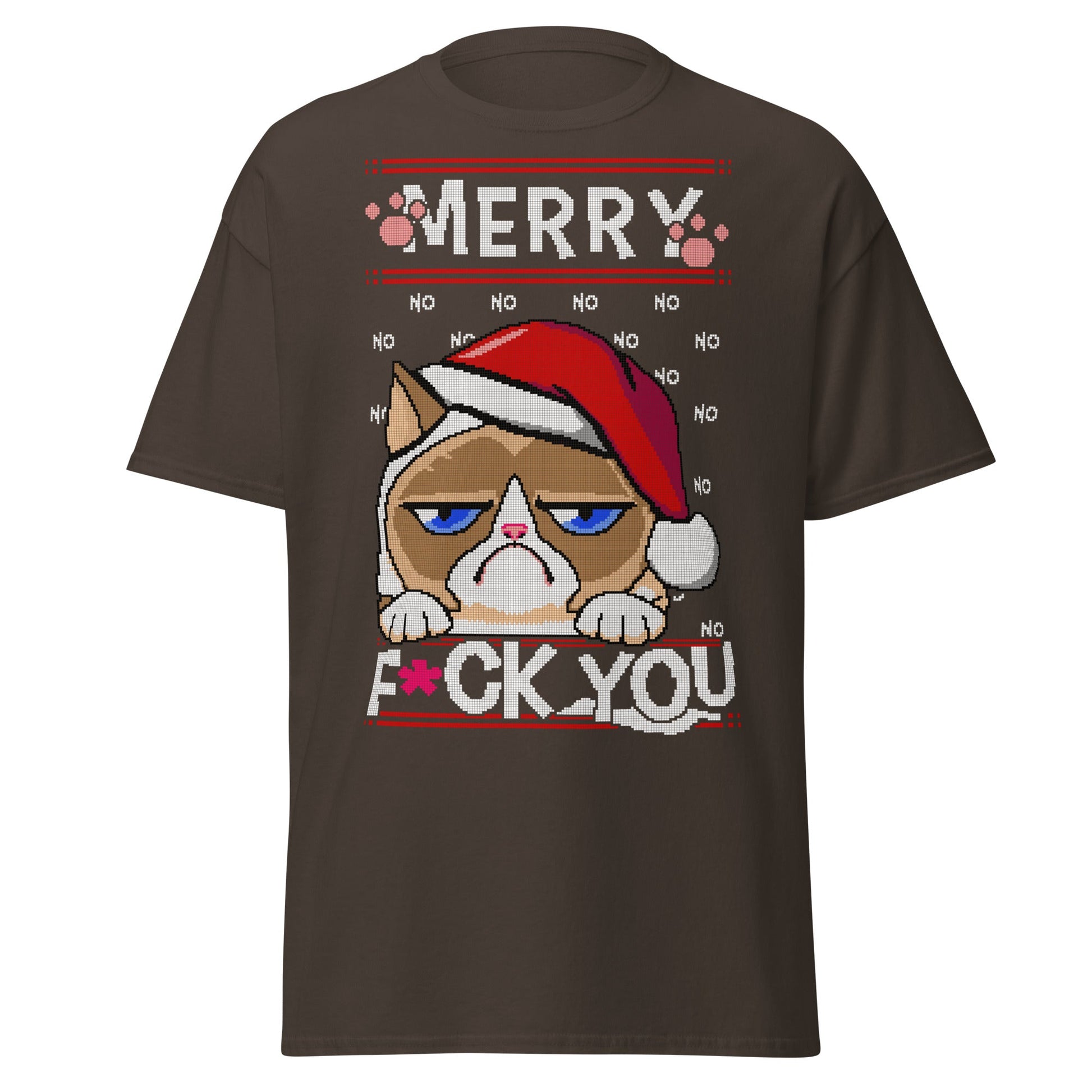 Grumpy Cat Ugly Christmas T-Shirt - Pixel Art Holiday - Dark Chocolate - T-Shirts Online