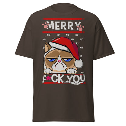 Grumpy Cat Ugly Christmas T-Shirt - Pixel Art Holiday - Dark Chocolate - T-Shirts Online
