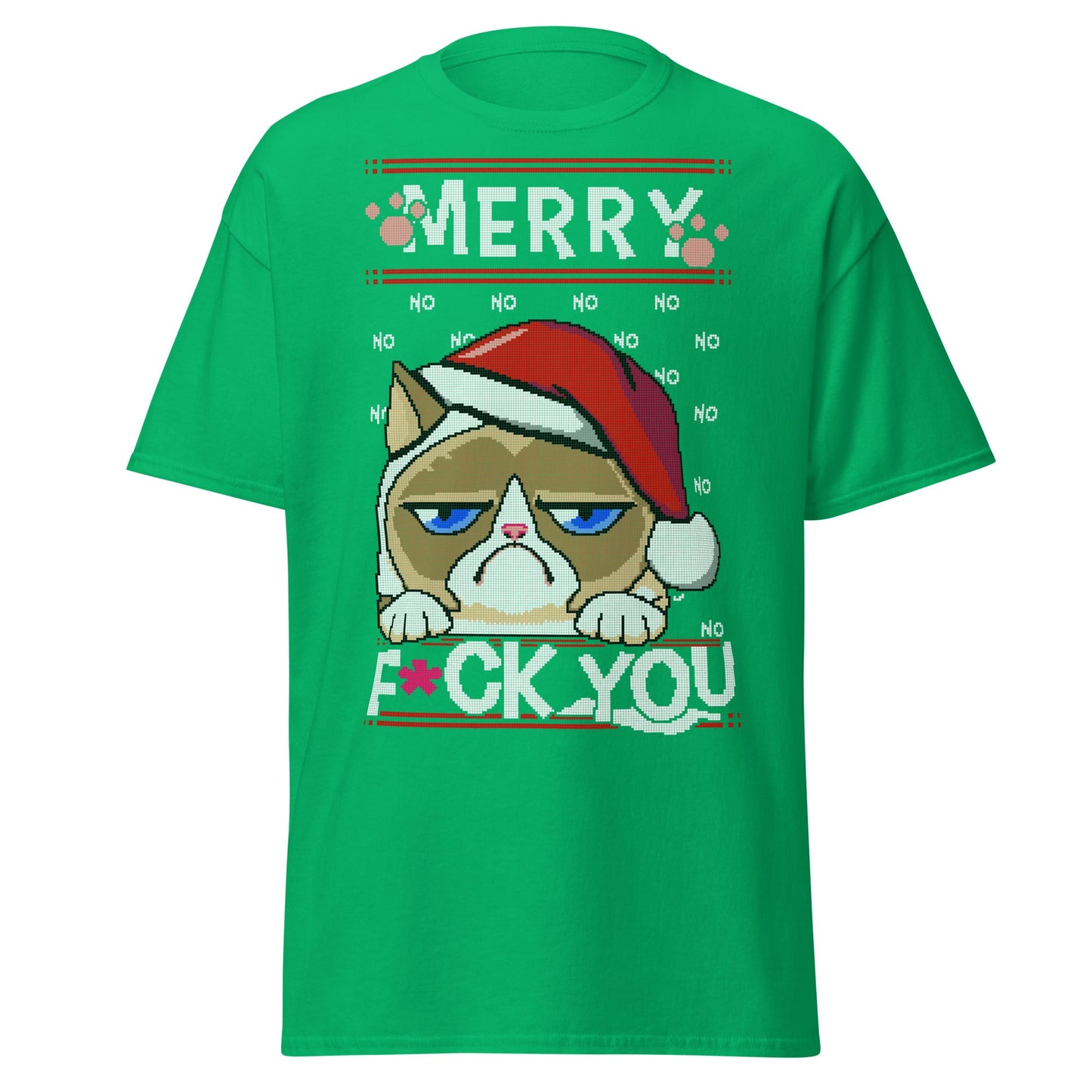 Grumpy Cat Ugly Christmas T-Shirt - Pixel Art Holiday - Irish Green - T-Shirts Online