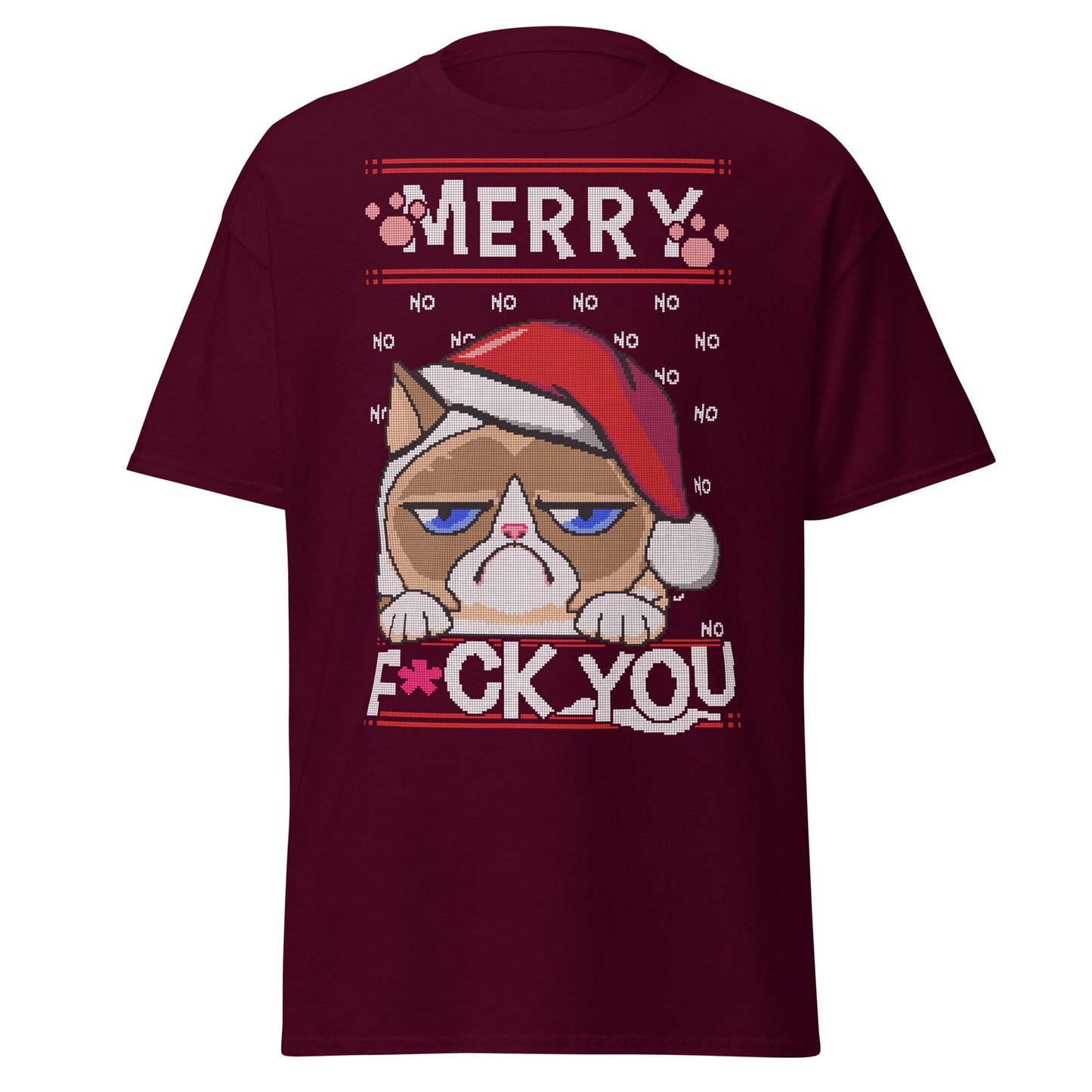 Grumpy Cat Ugly Christmas T-Shirt - Pixel Art Holiday - Maroon - T-Shirts Online