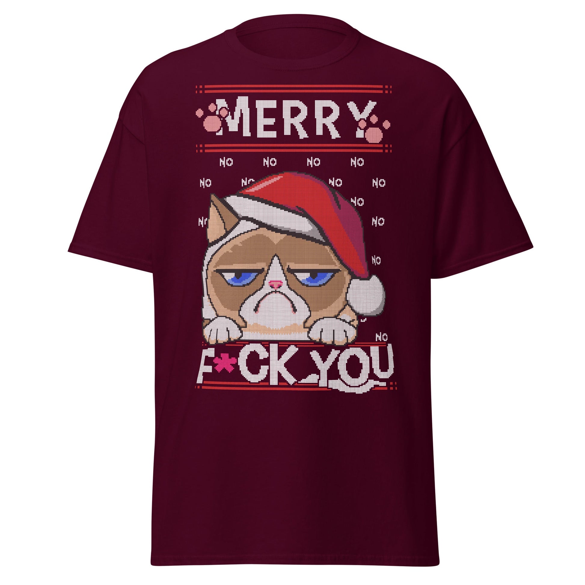 Grumpy Cat Ugly Christmas T-Shirt - Pixel Art Holiday - Maroon - T-Shirts Online