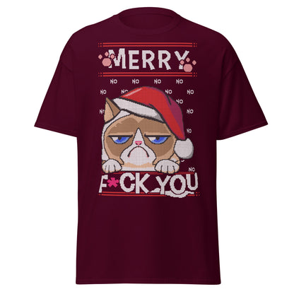 Grumpy Cat Ugly Christmas T-Shirt - Pixel Art Holiday - Maroon - T-Shirts Online