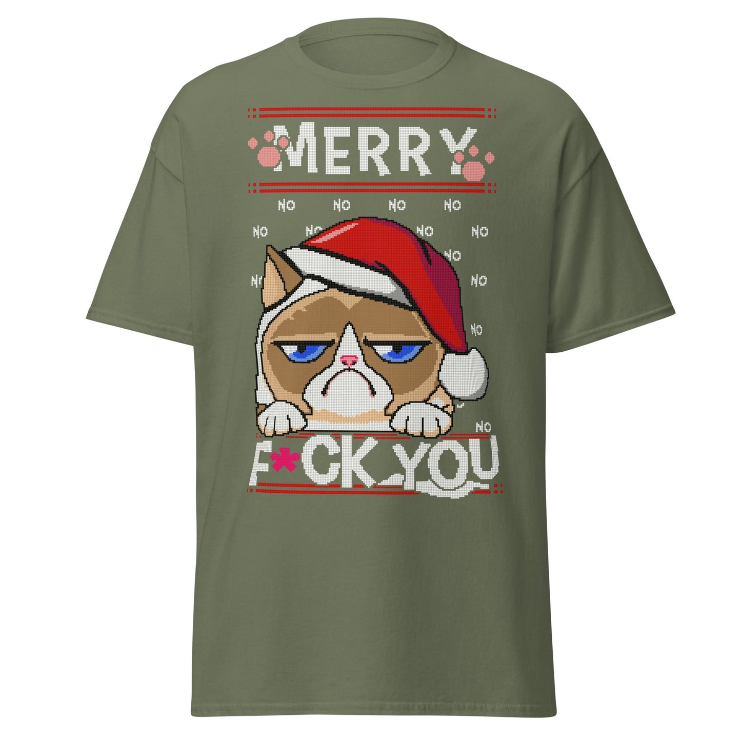 Grumpy Cat Ugly Christmas T-Shirt - Pixel Art Holiday - Military Green - T-Shirts Online