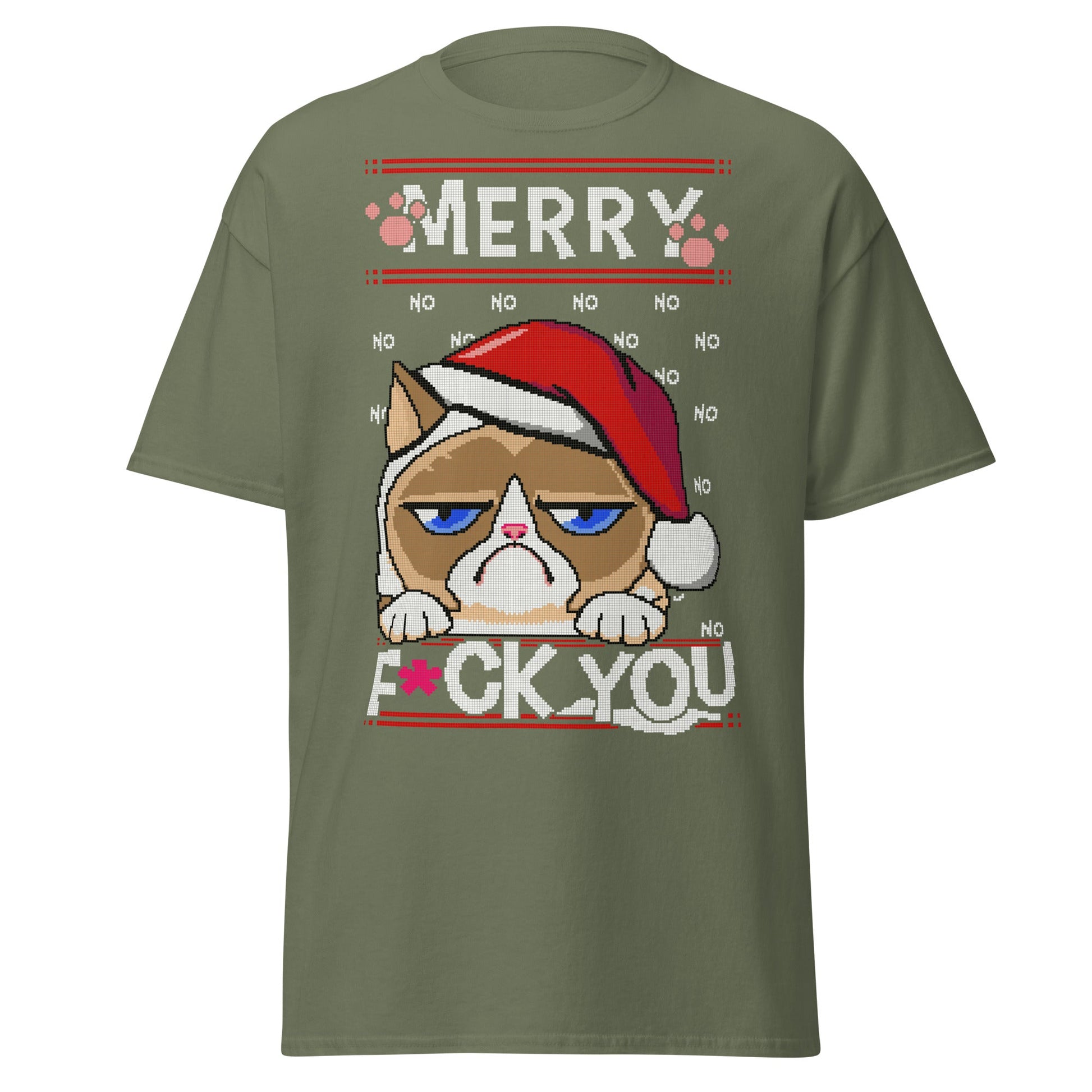 Grumpy Cat Ugly Christmas T-Shirt - Pixel Art Holiday - Military Green - T-Shirts Online