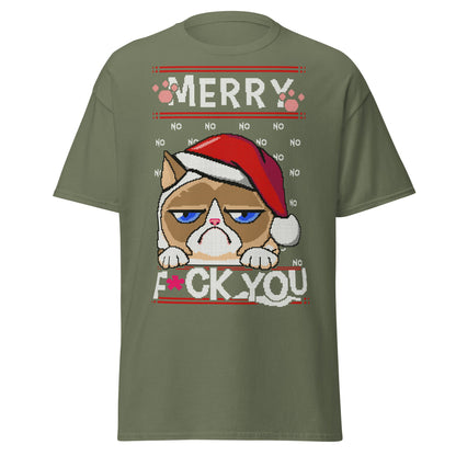 Grumpy Cat Ugly Christmas T-Shirt - Pixel Art Holiday - Military Green - T-Shirts Online