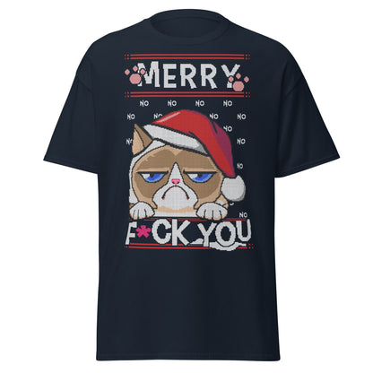 Grumpy Cat Ugly Christmas T-Shirt - Pixel Art Holiday - Navy - T-Shirts Online