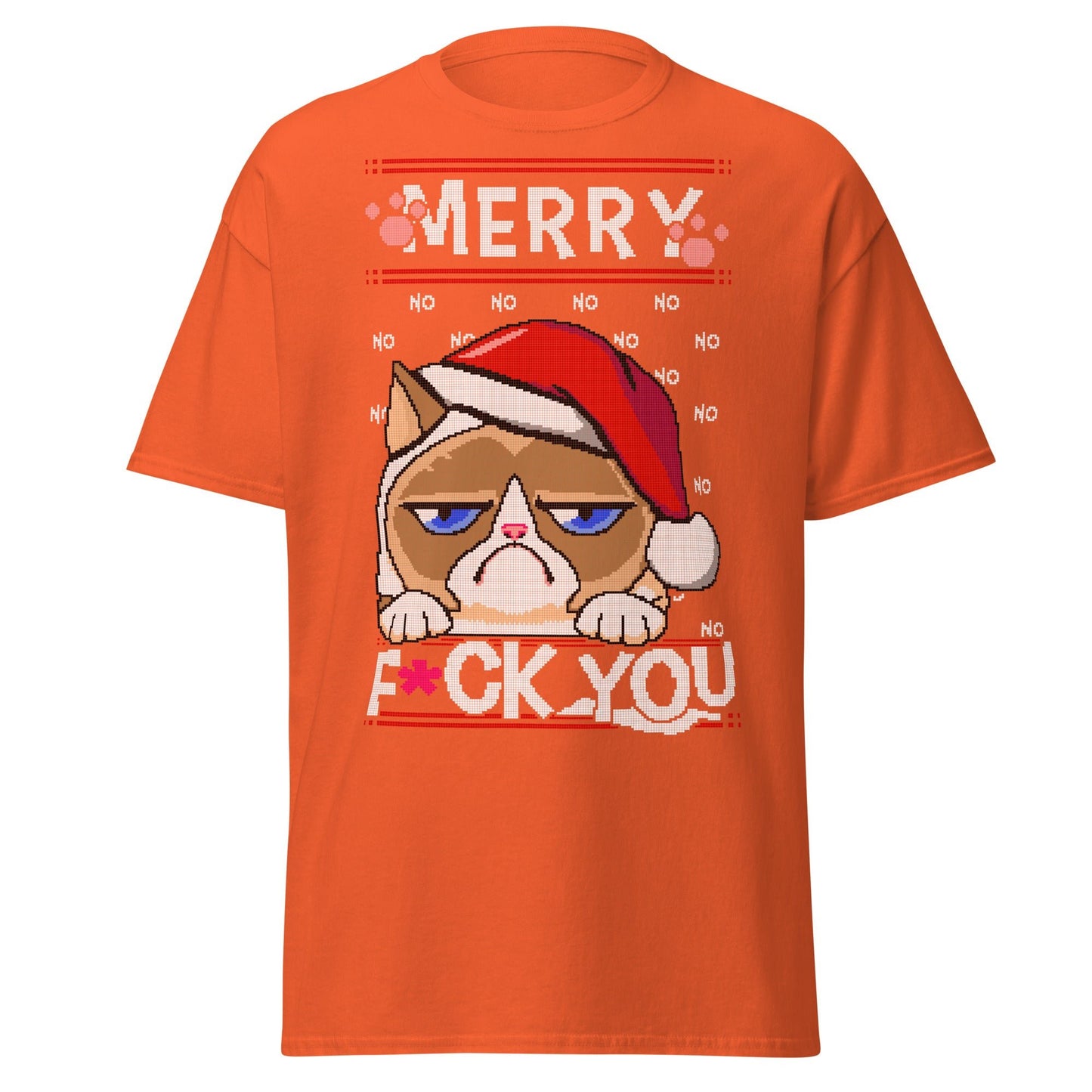 Grumpy Cat Ugly Christmas T-Shirt - Pixel Art Holiday - Orange - T-Shirts Online