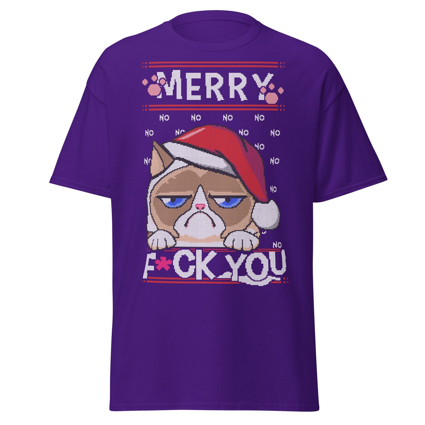 Grumpy Cat Ugly Christmas T-Shirt - Pixel Art Holiday - Purple - T-Shirts Online