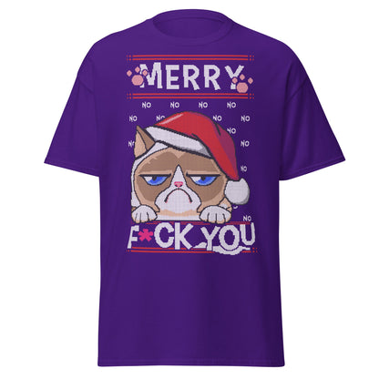 Grumpy Cat Ugly Christmas T-Shirt - Pixel Art Holiday - Purple - T-Shirts Online