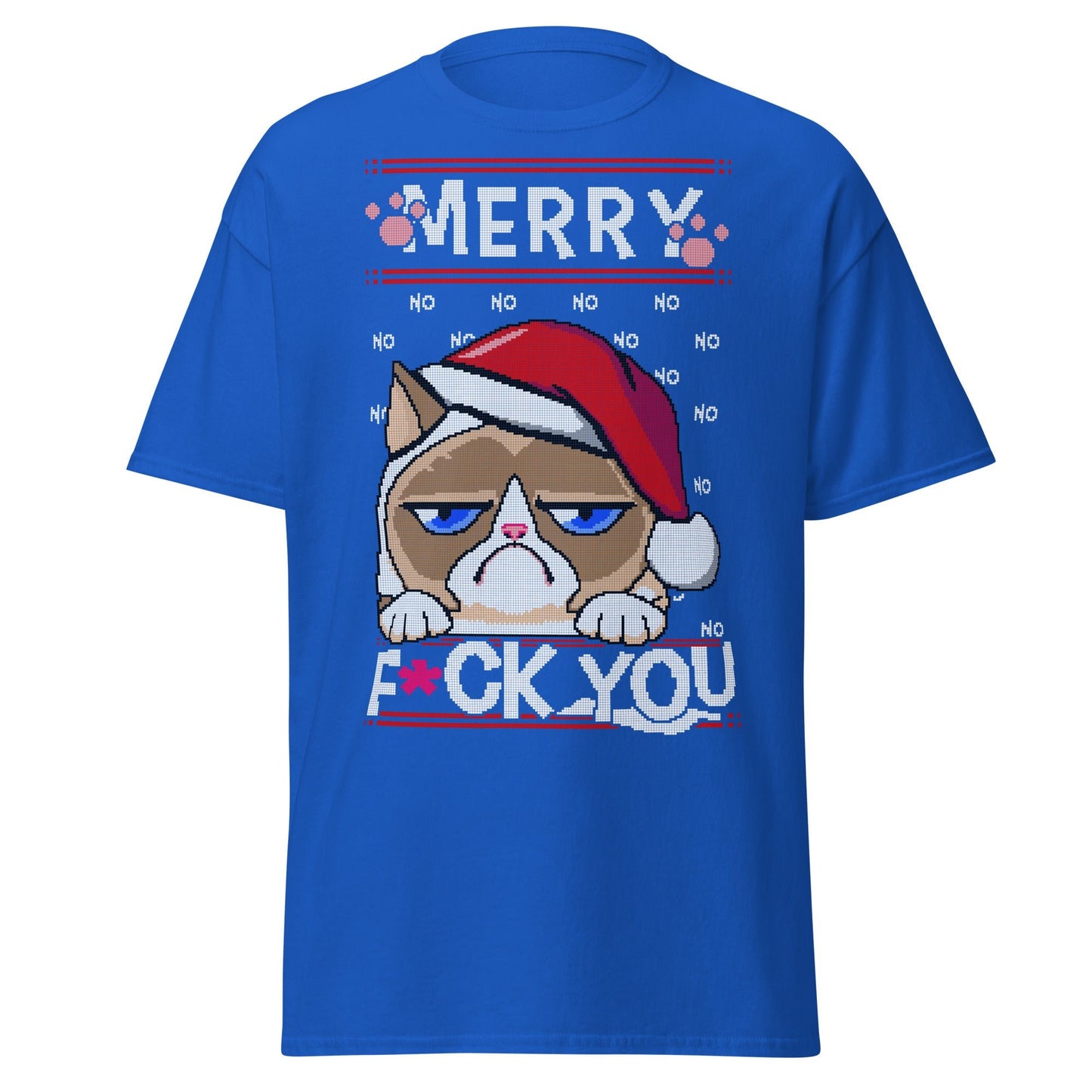 Grumpy Cat Ugly Christmas T-Shirt - Pixel Art Holiday - Royal - T-Shirts Online