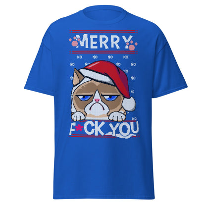 Grumpy Cat Ugly Christmas T-Shirt - Pixel Art Holiday - Royal - T-Shirts Online