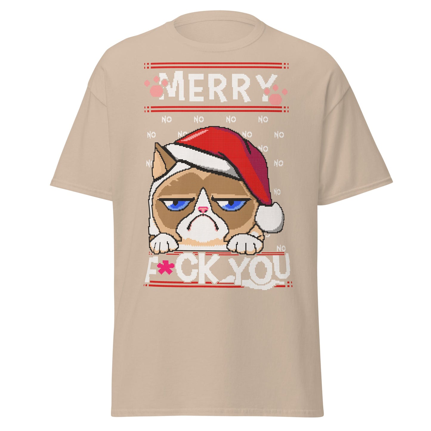 Grumpy Cat Ugly Christmas T-Shirt - Pixel Art Holiday - Sand - T-Shirts Online