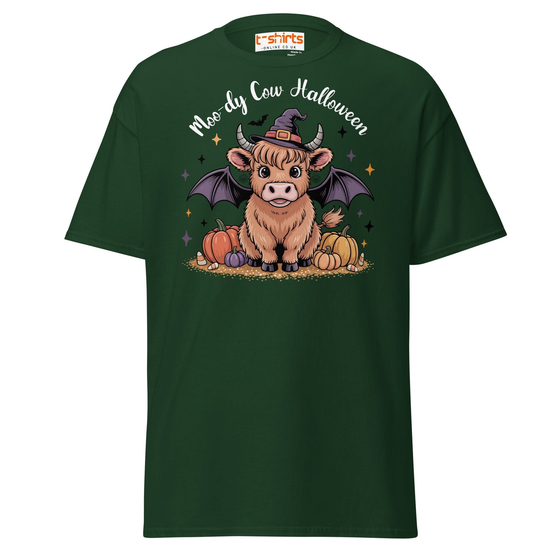 Halloween Highland Cow Witch T-Shirt - Forest Green - T-Shirts Online