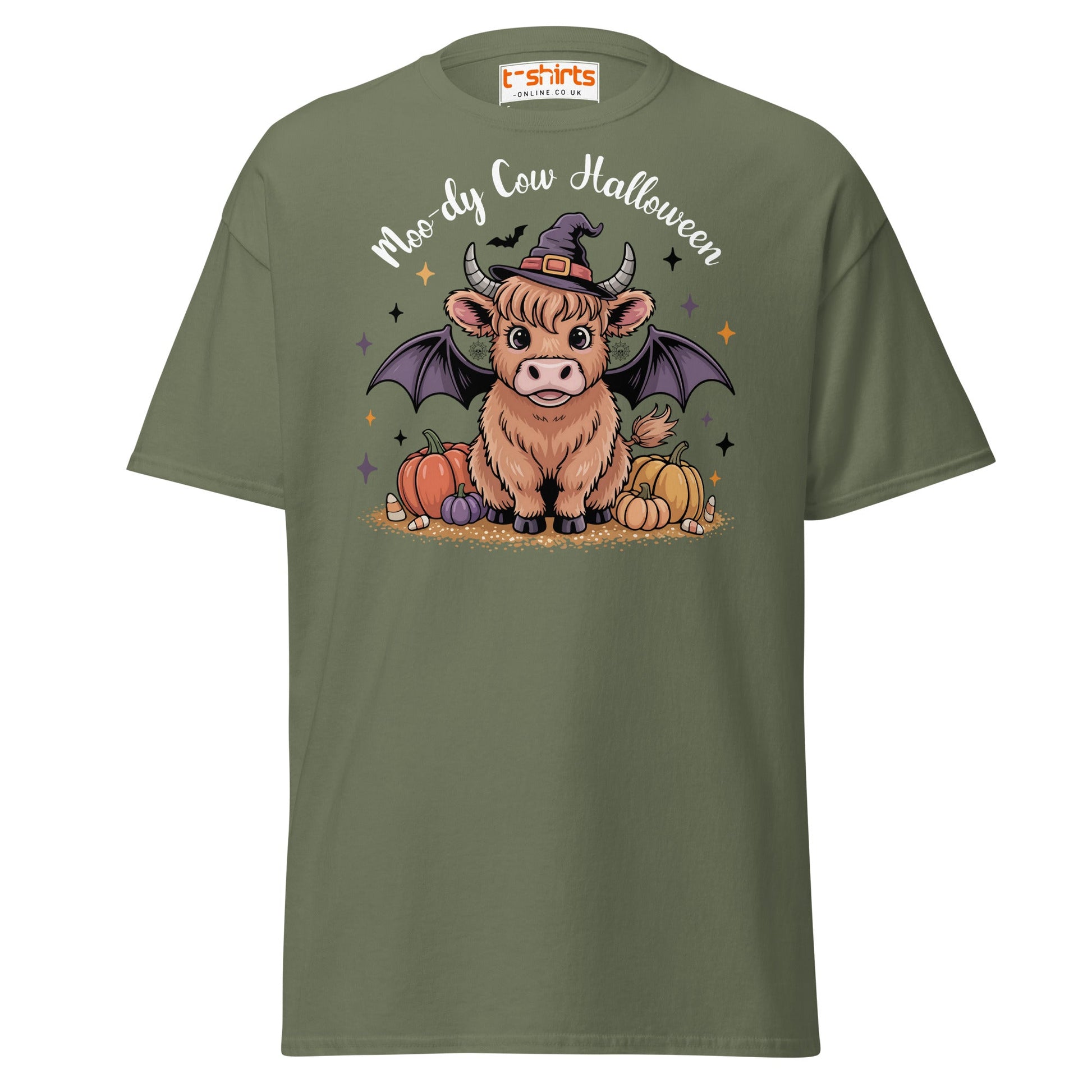 Halloween Highland Cow Witch T-Shirt - Military Green - T-Shirts Online