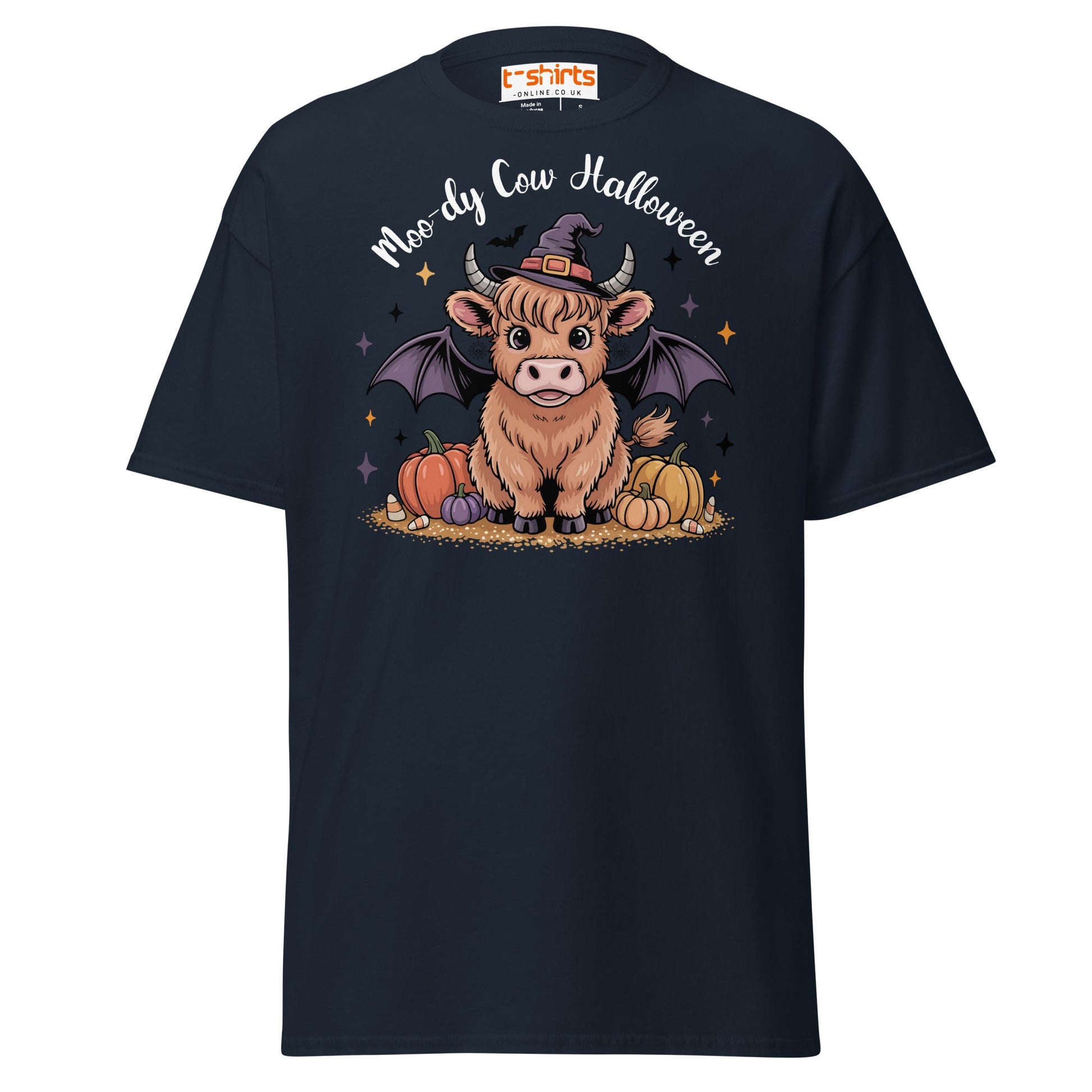 Halloween Highland Cow Witch T-Shirt - Navy - T-Shirts Online