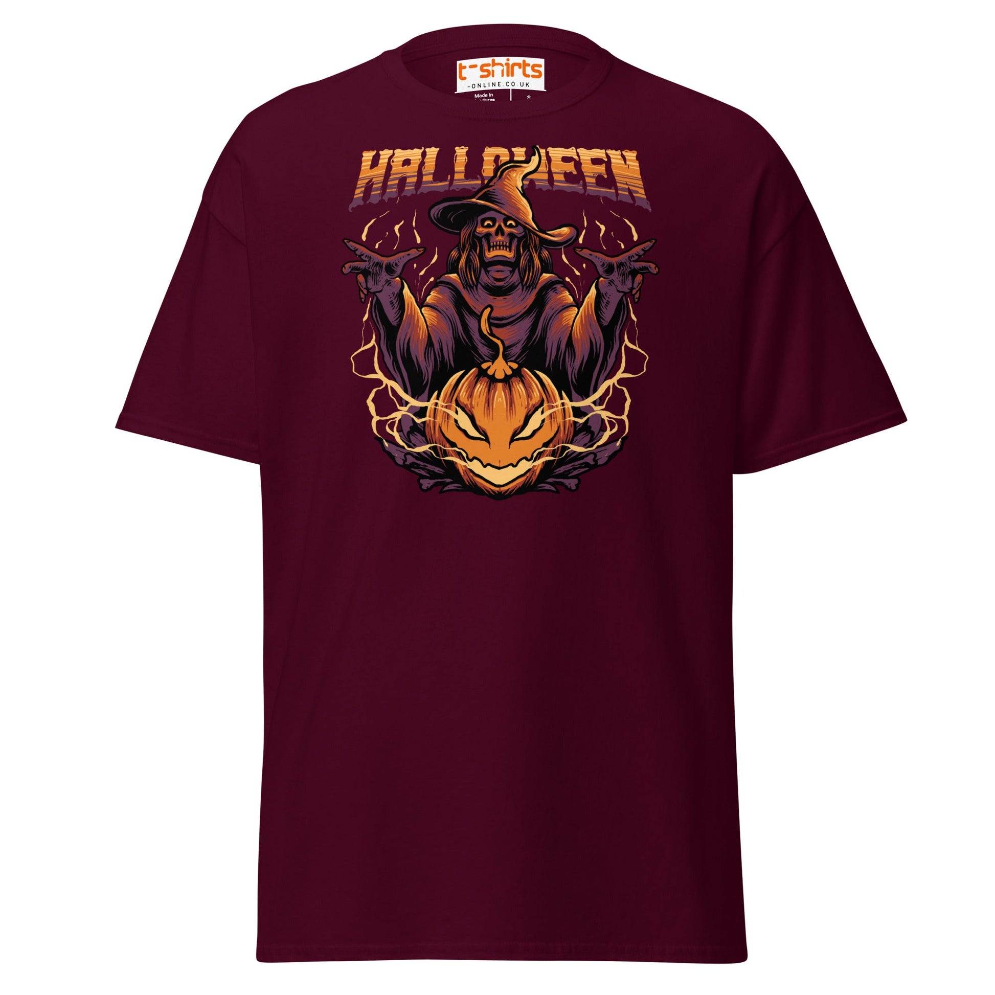 Halloween Witch T-Shirt | Spooky Skeleton Pumpkin Tee - Maroon - T-Shirts Online