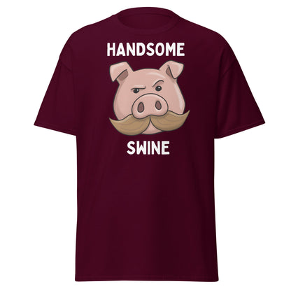 Handsome Swine T-Shirt - Funny Pig Mustache Tee - Maroon - T-Shirts Online