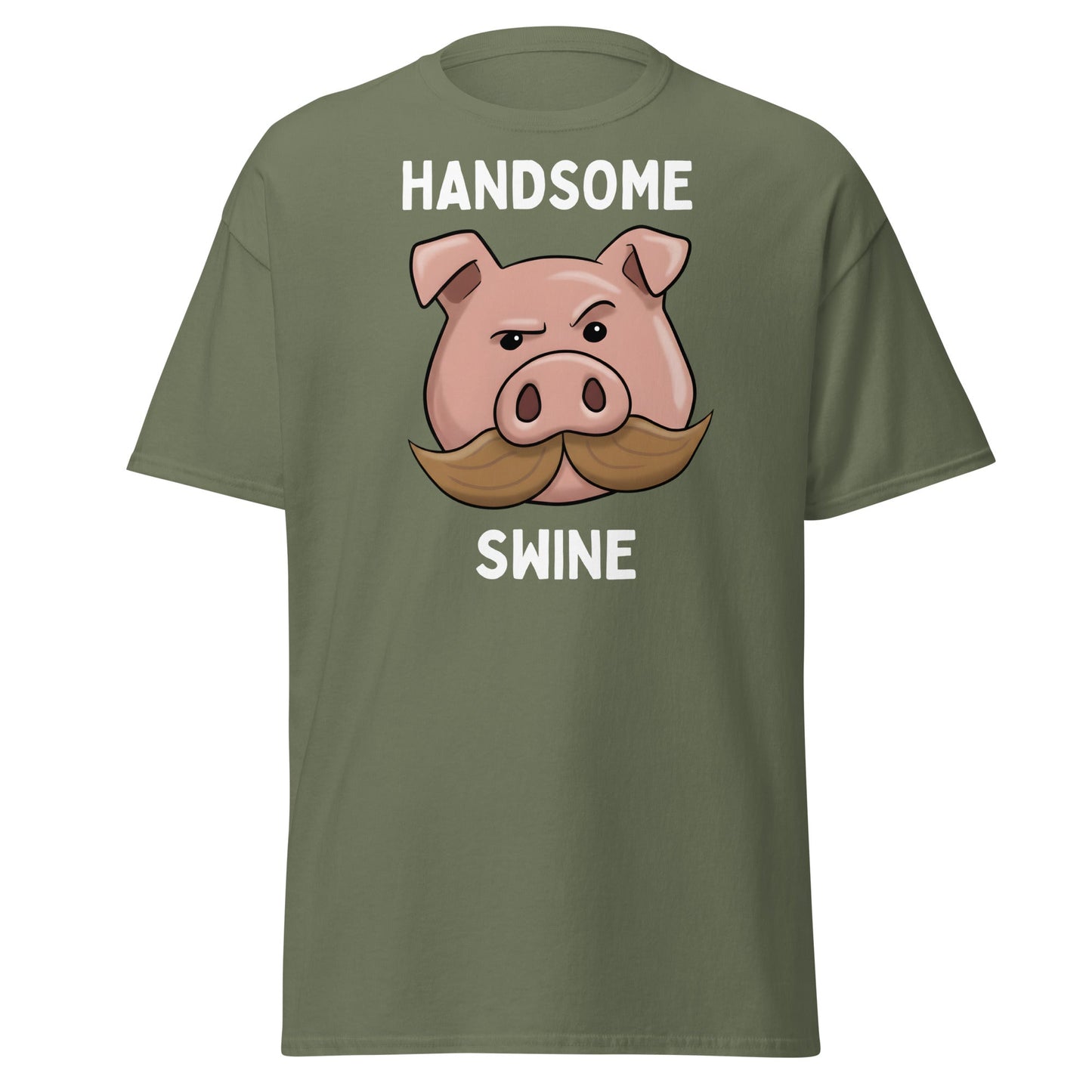 Handsome Swine T-Shirt - Funny Pig Mustache Tee - Military Green - T-Shirts Online