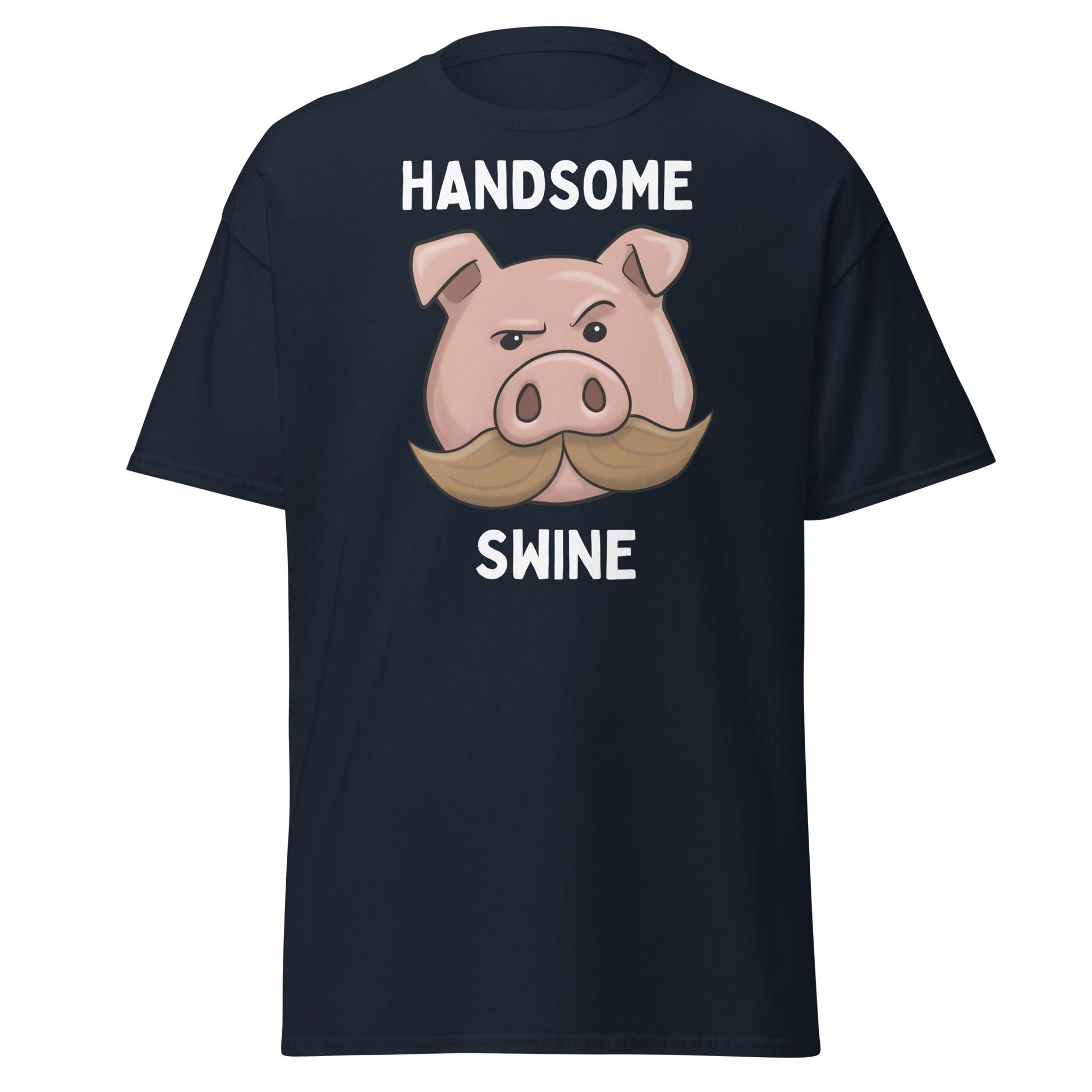 Handsome Swine T-Shirt - Funny Pig Mustache Tee - Navy - T-Shirts Online