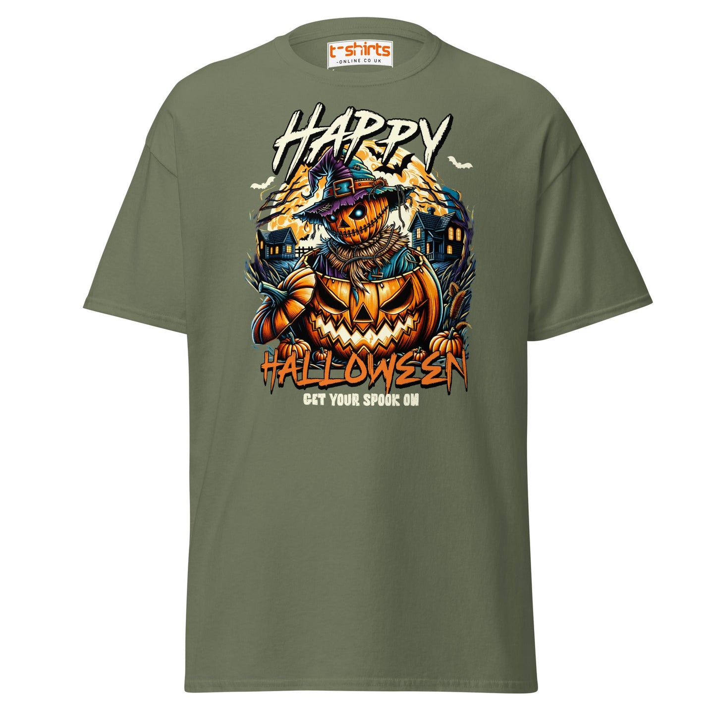 Happy Halloween Pumpkin Scarecrow T-Shirt - Military Green - T-Shirts Online