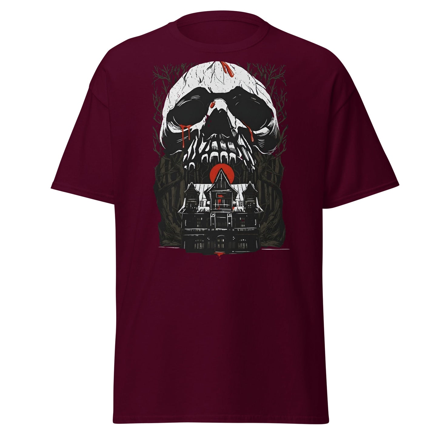 Haunted Mansion Skull T-Shirt – Gothic Horror House Tee - Maroon - T-Shirts Online